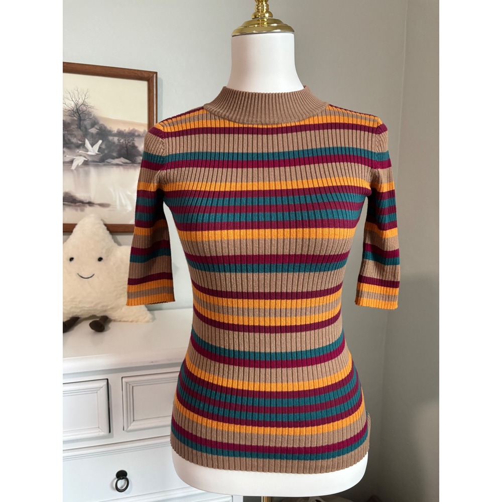 90s Striped Mock Neck Sweater Say What Ribbed Knit Retro 70s Boho Short Sleeve